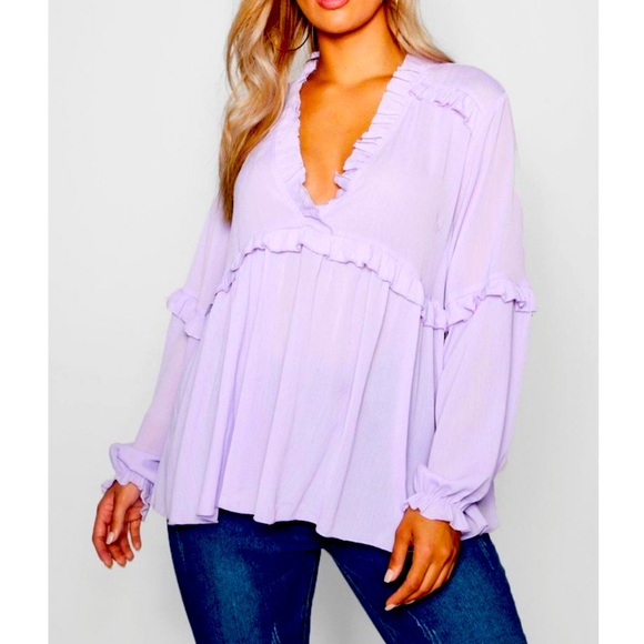 Boohoo Tops - BOOHOO Purple Lilac Sheer Long Sleeve Blouse Size 14